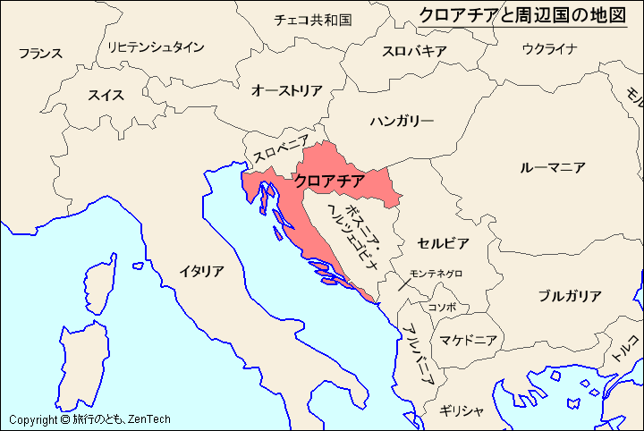 クロアチアと周辺国の地図 クロアチアと周辺国の地図