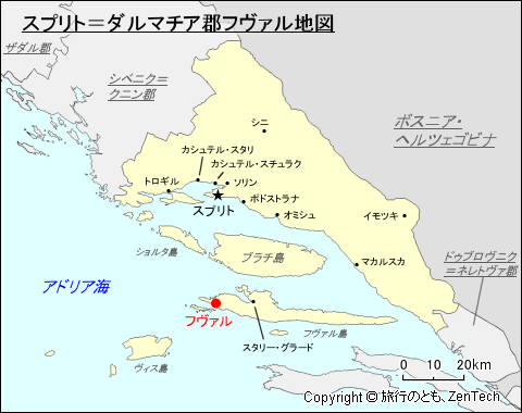 スプリト＝ダルマチア郡フヴァル地図