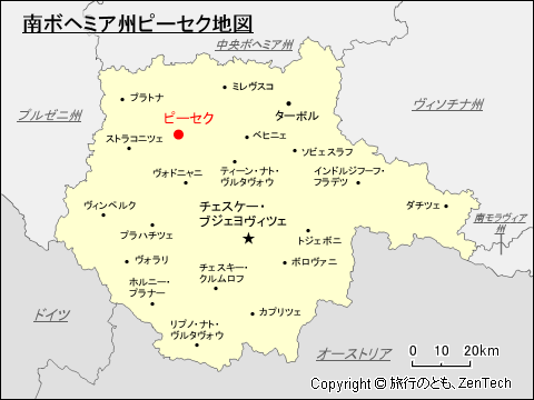 南ボヘミア州ピーセク地図