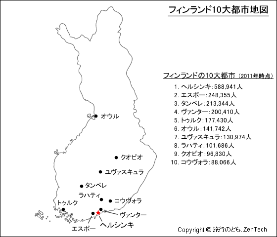 2011年時点、フィンランド10大都市地図