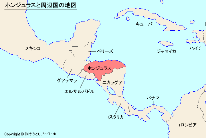 ホンジュラスと周辺国の地図 ホンジュラスと周辺国の地図