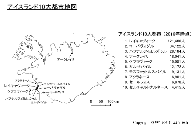 2016年時点、アイスランド10大都市地図