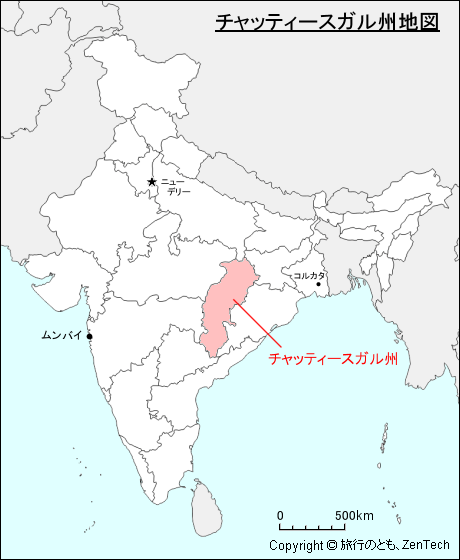 インドにおけるチャッティースガル州地図