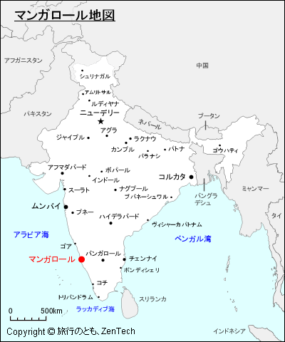 インドにおけるマンガロール地図