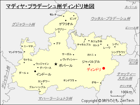 マディヤ・プラデーシュ州ディンドリ地図