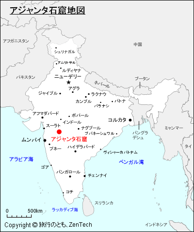 インドにおけるアジャンタ石窟地図