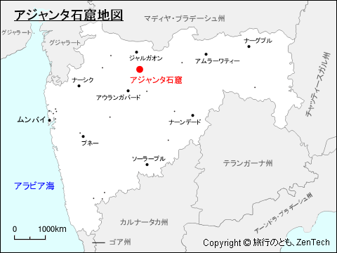 マハーラーシュトラ州におけるアジャンタ石窟地図