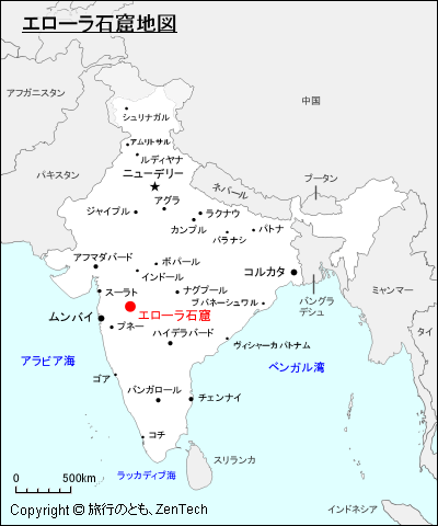 インドにおけるエローラ石窟地図