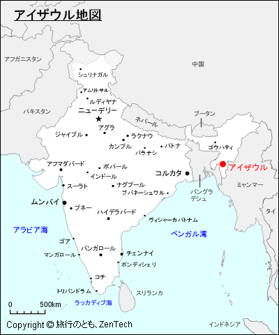 インドにおけるアイザウル地図