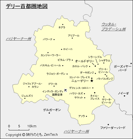 主要都市名付きデリー首都圏地図