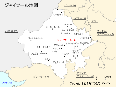 ラジャスタン州におけるジャイプル地図