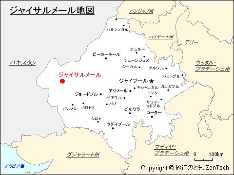 ラジャスタン州におけるジャイサルメール地図