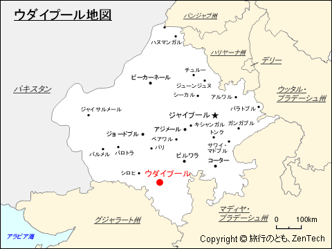 ラジャスタン州におけるウダイプール地図