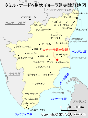 タミル・ナードゥ州大チョーラ朝寺院群地図