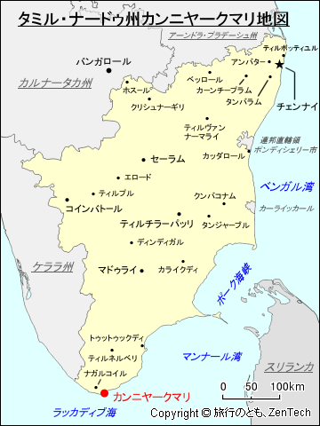 タミル・ナードゥ州カンニヤークマリ地図