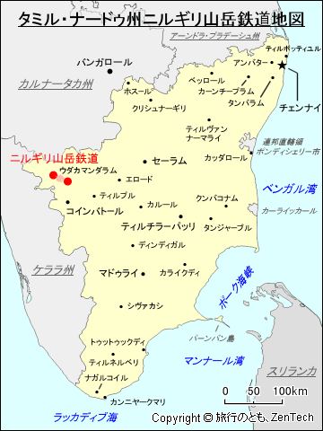 タミル・ナードゥ州ニルギリ山岳鉄道地図