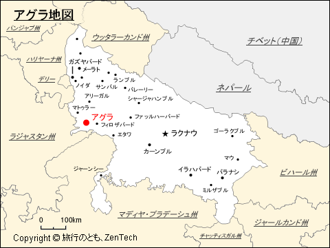 ウッタル・プラデーシュ州におけるアグラ地図