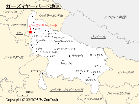 ウッタル・プラデーシュ州におけるガーズィヤーバード地図