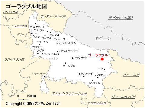 ウッタル・プラデーシュ州におけるゴーラクプル地図
