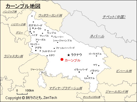 ウッタル・プラデーシュ州におけるカーンプル地図