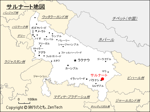 ウッタル・プラデーシュ州におけるサルナート地図
