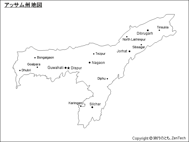 英語表記のアッサム州地図