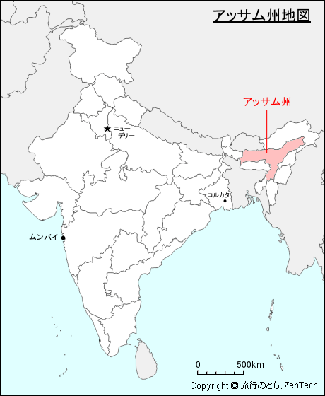 インドにおけるアッサム州地図