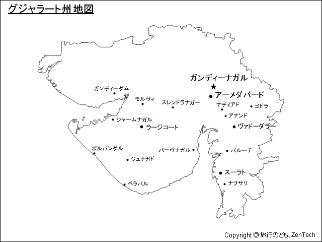 都市名入りグジャラート州白地図