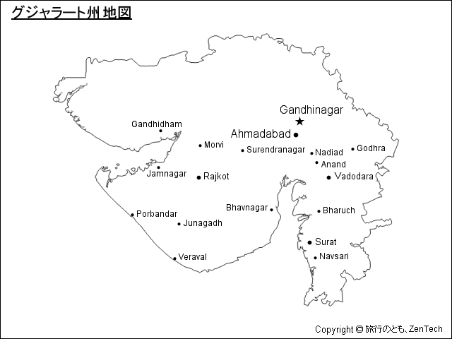 英語表記のグジャラート州地図