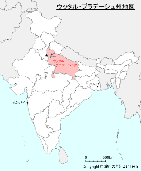 インドにおけるウッタル・プラデーシュ州地図