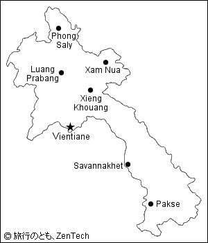 主要都市の記載された英語版のラオス白地図