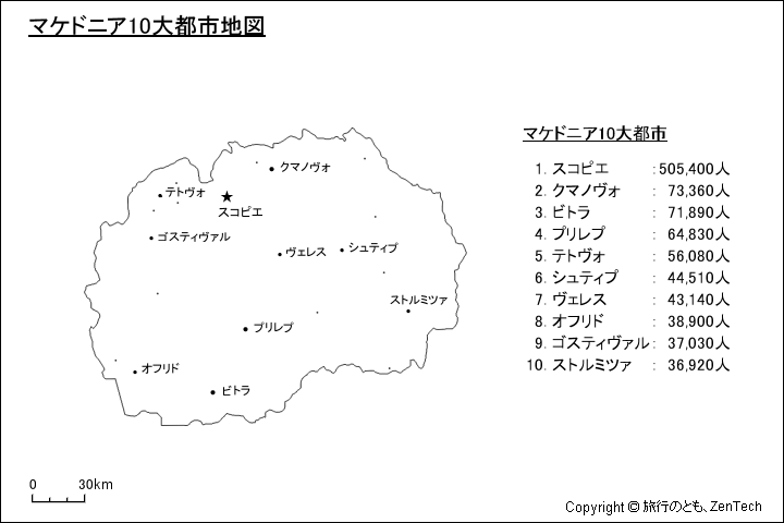 北マケドニア10大都市地図