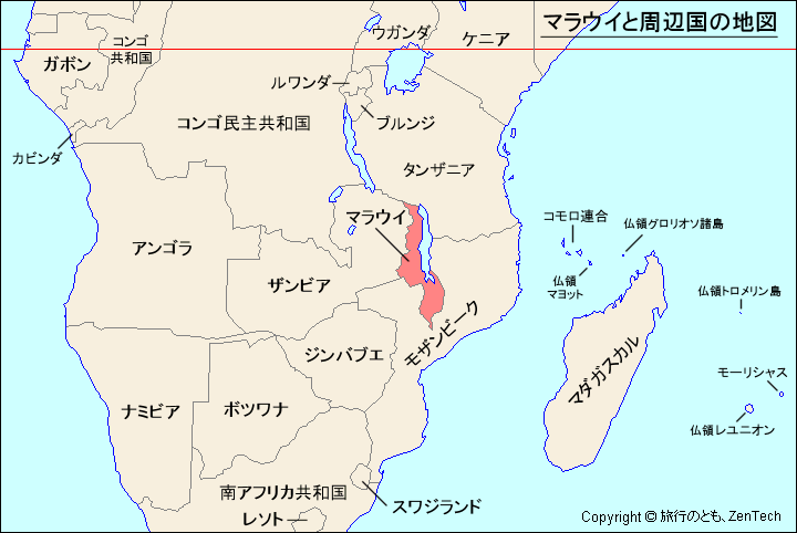 マラウイと周辺国の地図