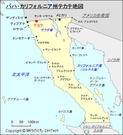 バハ・カリフォルニア州テカテ地図