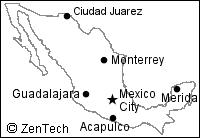 メキシコ・シティなど主要都市の記載されたメキシコ白地図