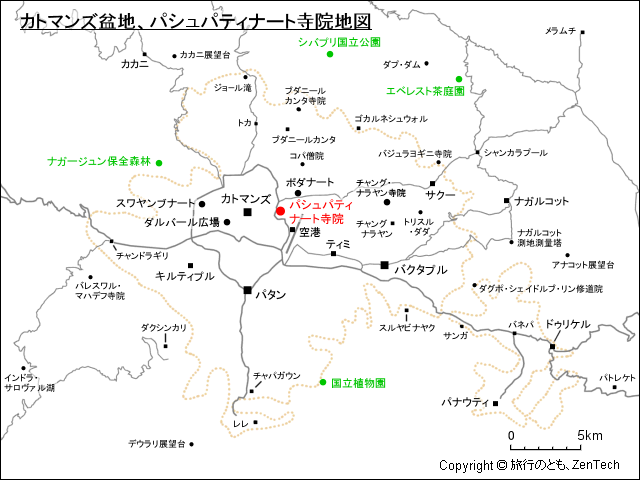 カトマンズ盆地、パシュパティナート寺院地図