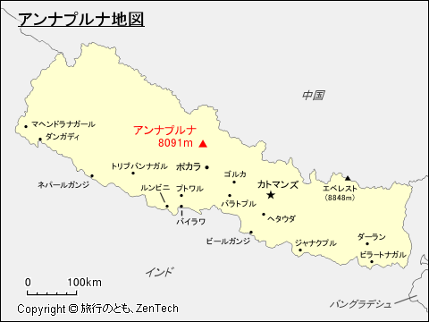 ネパールにおけるアンナプルナ地図