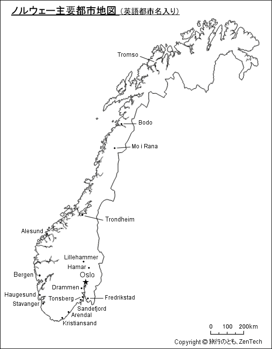 ノルウェー主要都市地図(英語都市名入り) ノルウェー主要都市地図(英語都市名入り)