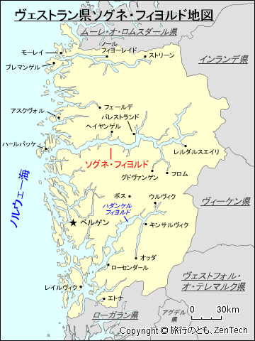 ヴェストラン県ソグネ・フィヨルド地図