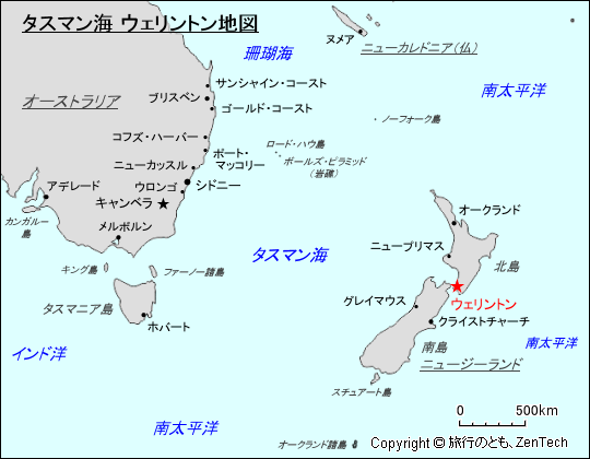 タスマン海 ウェリントン地図