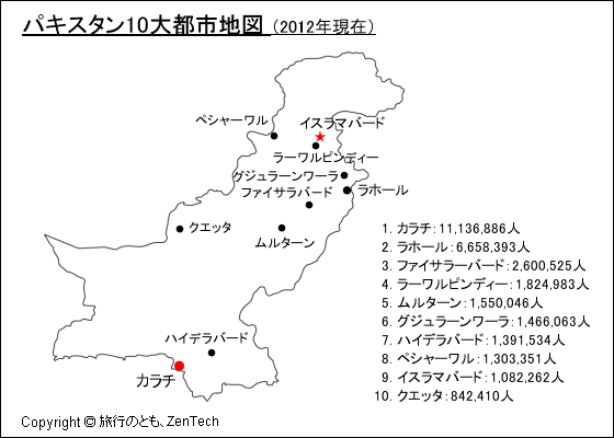 パキスタン10大都市地図（2012年現在）