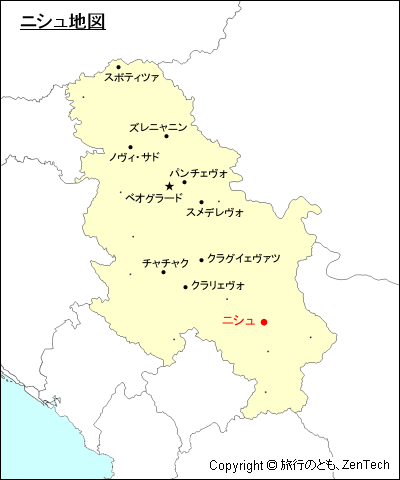 セルビアにおけるニシュ地図