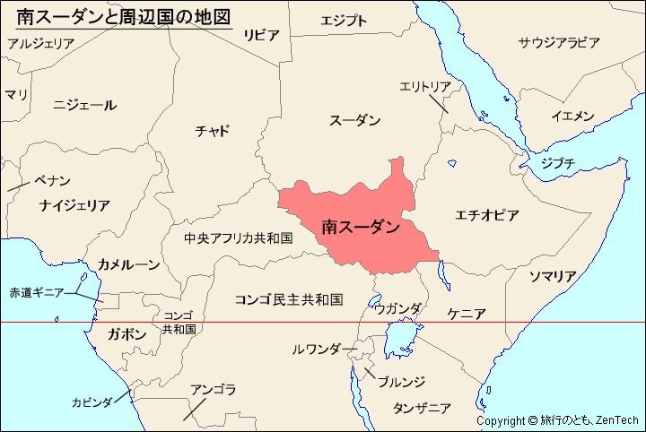 南スーダンと周辺国の地図