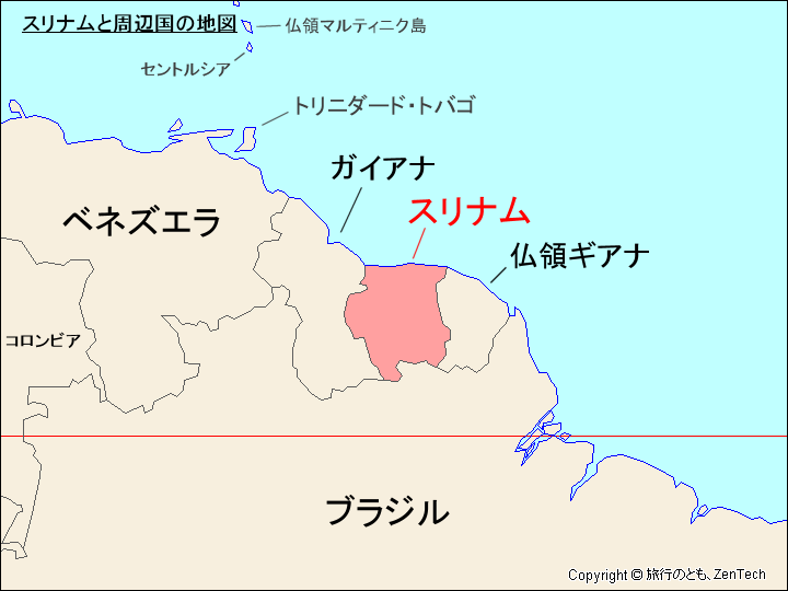 スリナムと周辺国の地図