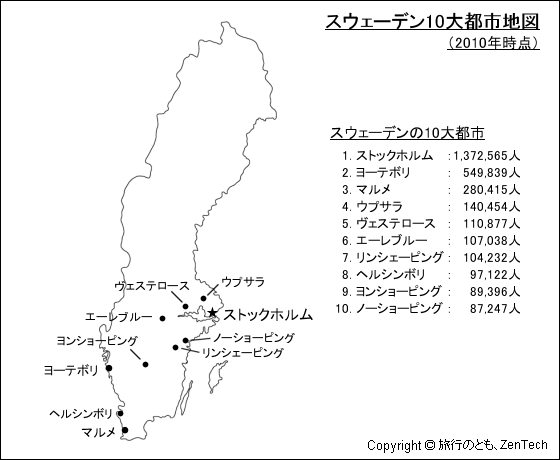 2010年時点、スウェーデン10大都市地図