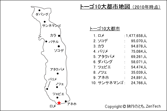 トーゴ10大都市地図 トーゴ10大都市地図