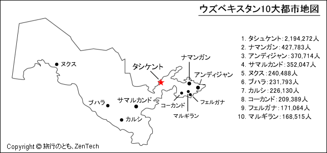 ウズベキスタン10大都市地図 ウズベキスタン10大都市地図