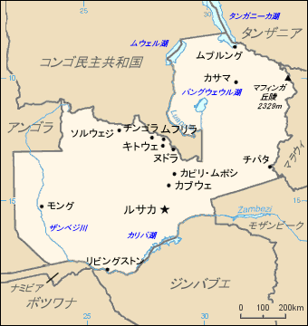 主要都市の場所が判るザンビア地図