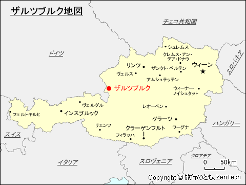 オーストリアにおけるザルツブルクの位置が判る地図