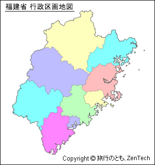 色付き福建省 行政区画地図
